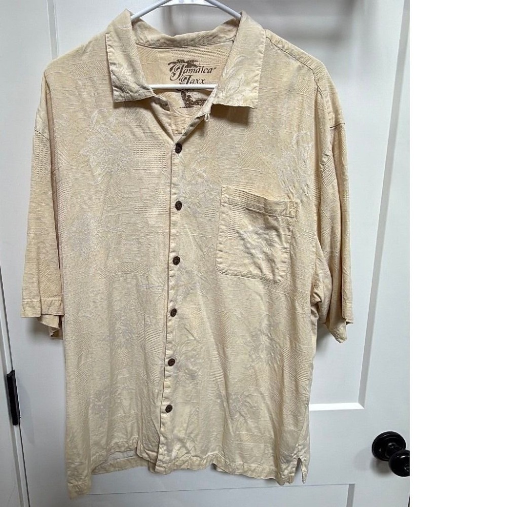 Jamaica Jaxx 100% Silk Jacquard Camp Shirt Men's XL Beige Hawaiian Button Up